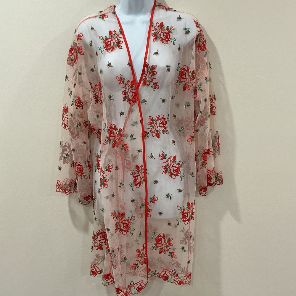 Victoria's Secret Floral Embroidery Sheer Mesh Robe Kimono XS/S